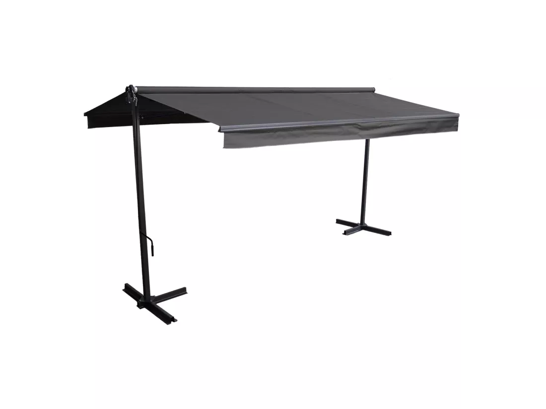 Store double pente FRENE sur pieds 3,95 x 3 m - Toile anthracite et structure grise - HAPPY GARDEN