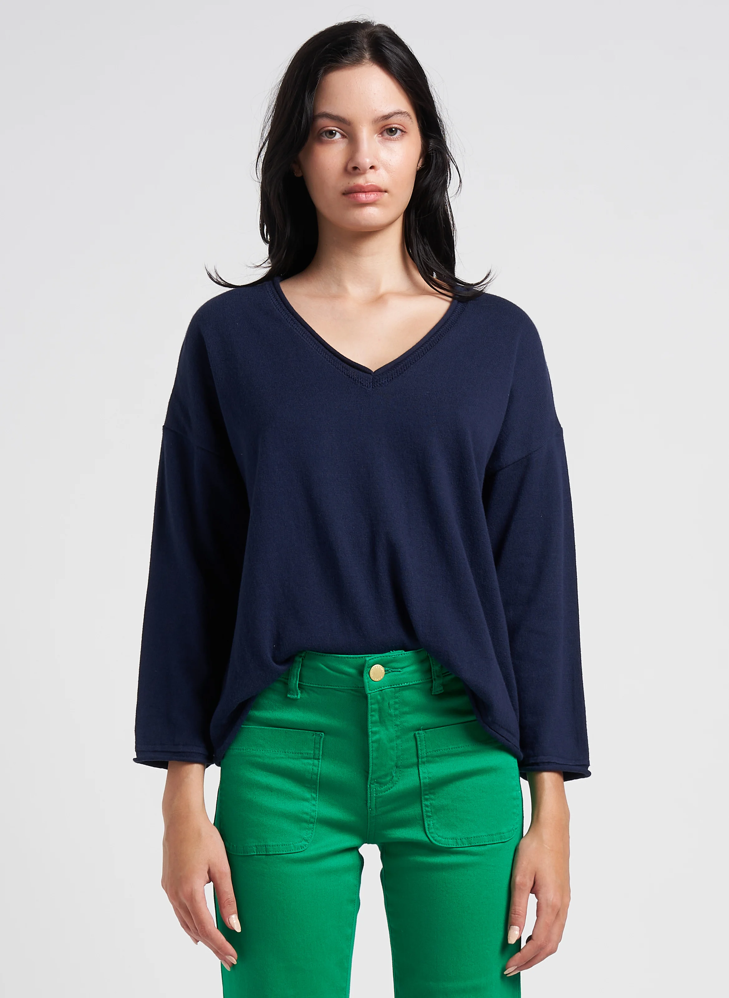 Pull col V évasé en coton | Bleu