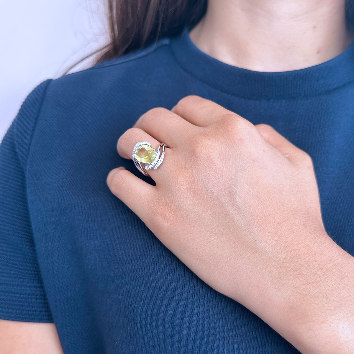 Bague argent 925 quartz jaune clair, zirconias