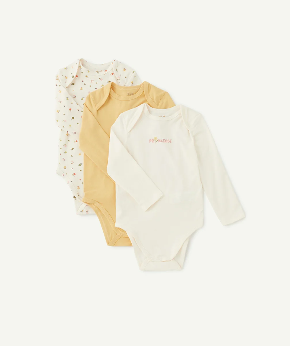 LOT DE 3 BODIES EN COTON BIO JAUNE ET BLANC AVEC FLEURS