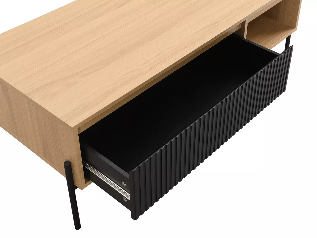 Table basse avec 1 tiroir et 2 niches - Noir et Naturel clair - GLARODI