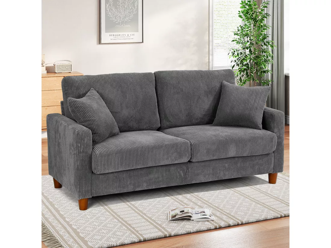 Canapé en Velours Côtelé 2 Places,Grand Canapé Droit Rembourré Moderne avec Sièges extra profonds de 56cm - 2 Coussins - 178x76x89cm - Gris
