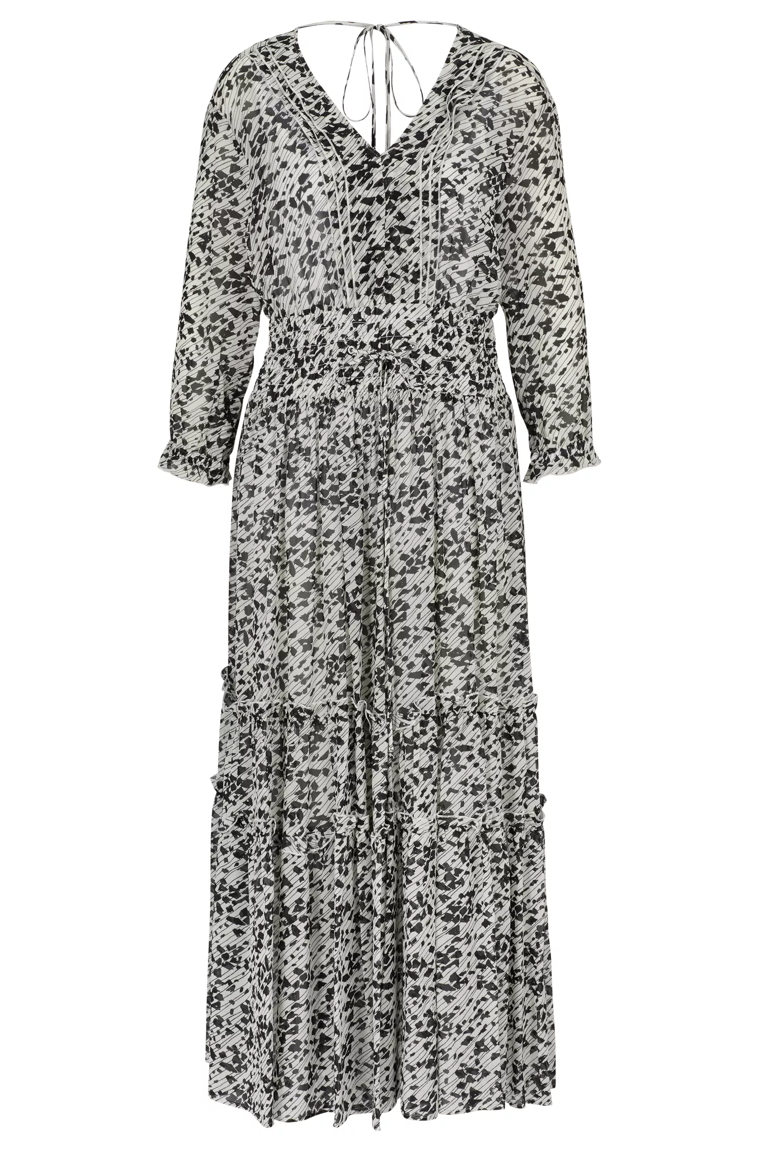 Vestido maxi preto BOSS com estampa da estação e decote em V.