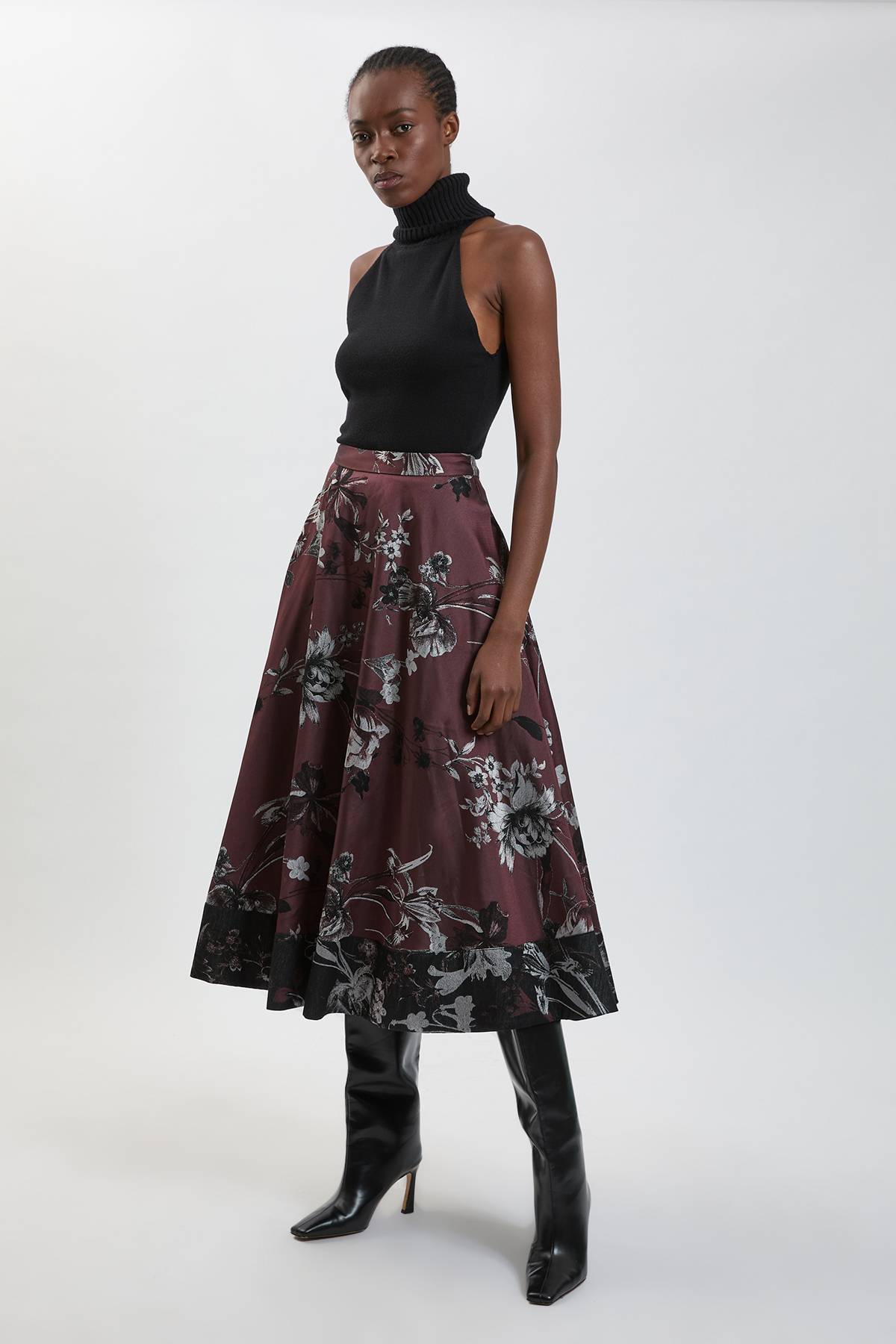 KarenMillen Jupe Midi Évasée Ajustée en Jacquard Floral