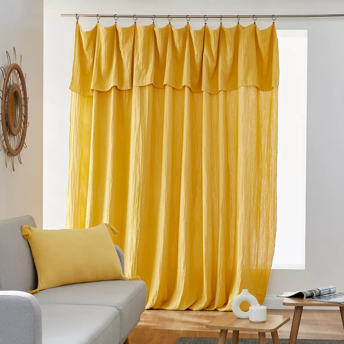Rideau gaze de coton ajustable (280 x max 300 cm) Gaïa Jaune safran