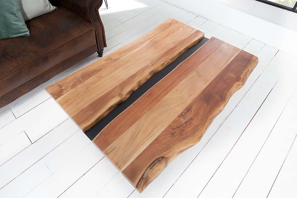 Massivholz Couchtisch AMAZONAS 105cm Akazie schwarzes Metall X-Gestell Baumkante Live Edge
