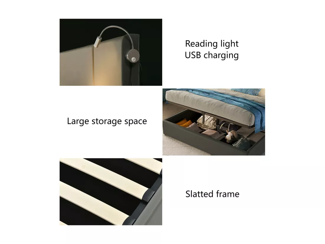 Lit coffre 160x200cm en similicuir - avec lampes de lecture et Ports de charge USB - avec sommier à lattes - Gris