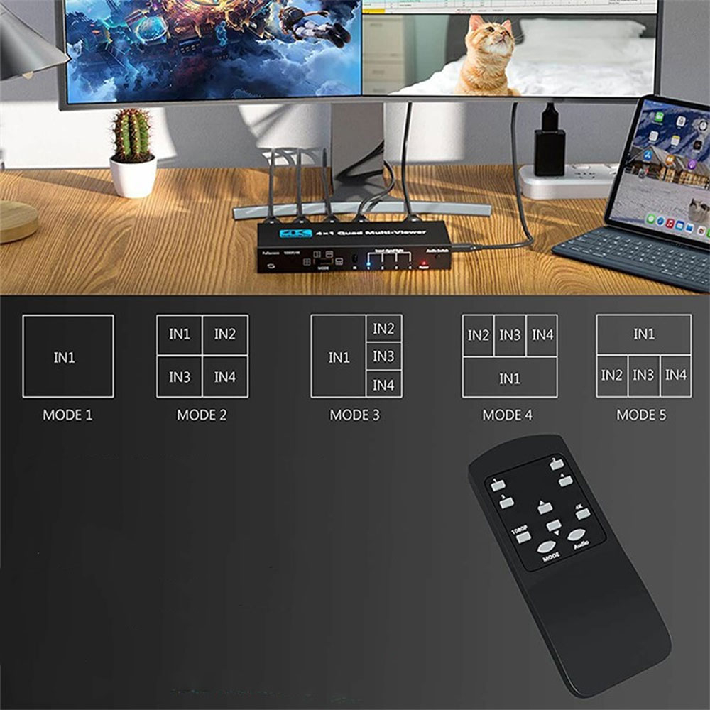 4-fach HDMI 1.4 4K Adapter Splitter Switch Audio Video Konverter Umschaltbox 4 x Input / 1 x Output mit Fernbedienung   Netzteil  - Schwarz