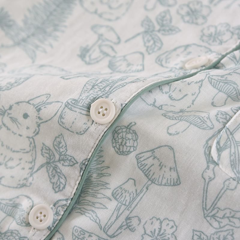 Dogini - Pyjamaset: shirt met lange mouwen, kraag en konijnenprint + rechte broek met elastische taille