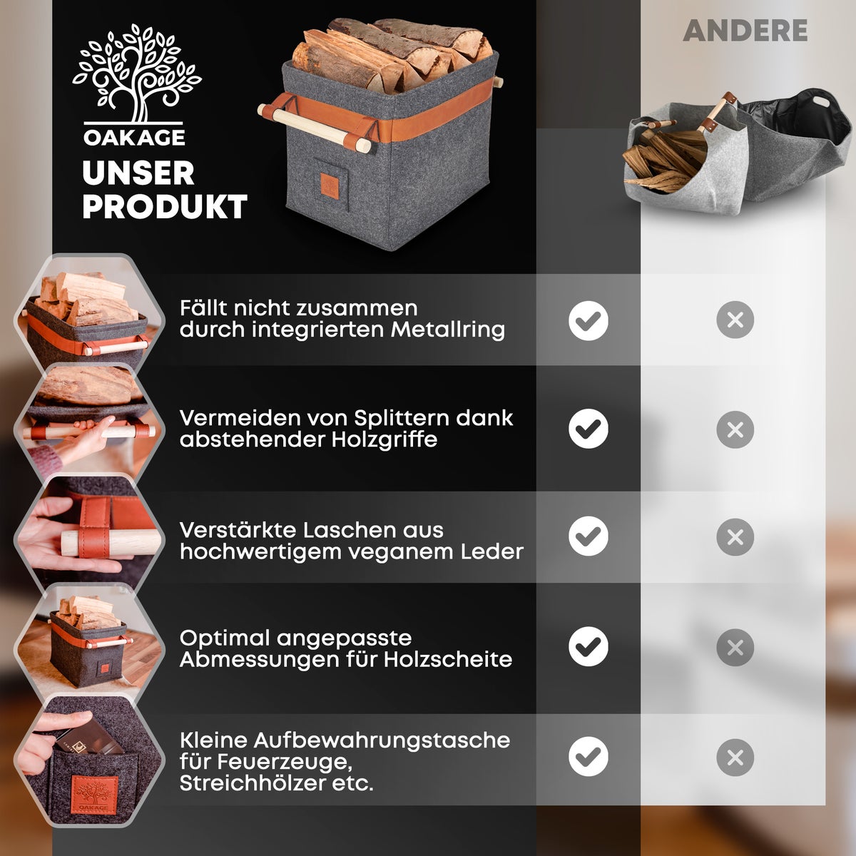 OAKAGE® Klassieke donkergrijze houten mand met vilt - Metalen frame voor extra stabiliteit - 42x32x35cm