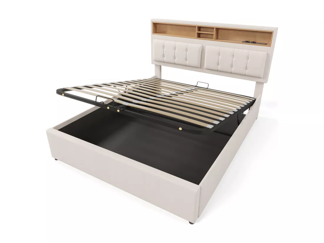 Lit coffre 140x200 cm en tissu lin - tête de lit réglable avec prises - avec sommier à lattes - Beige