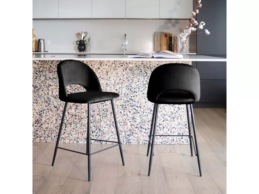 Lot de 2 chaises pour îlot central 65 cm en velours noir - Pénélope