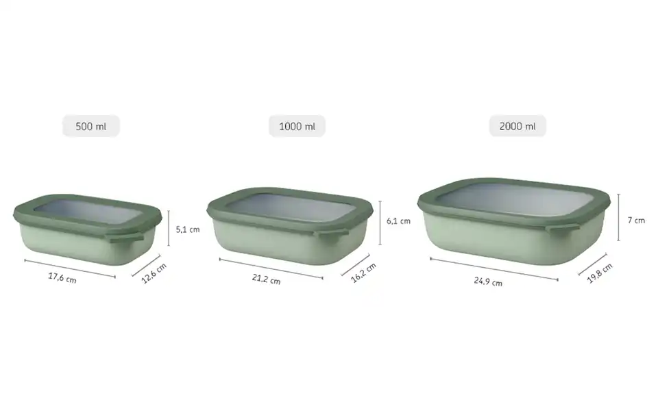 Mepal Multischüssel-Set, 3-teilig Cirqula Olivgrün Je 1 Schüssel 0,5l, 1,0l und 2,0l Rechteckig