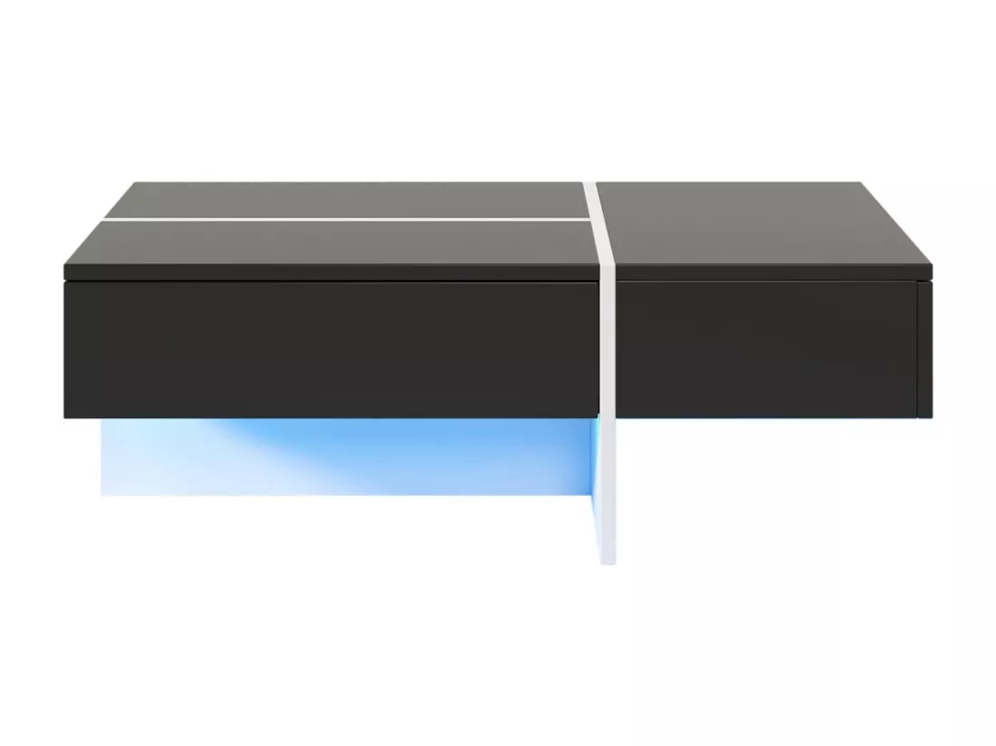 Table basse 3 tiroirs, avec LEDs et App, panneau de particule, Noir et Blanc, 100x50 x34,5cm