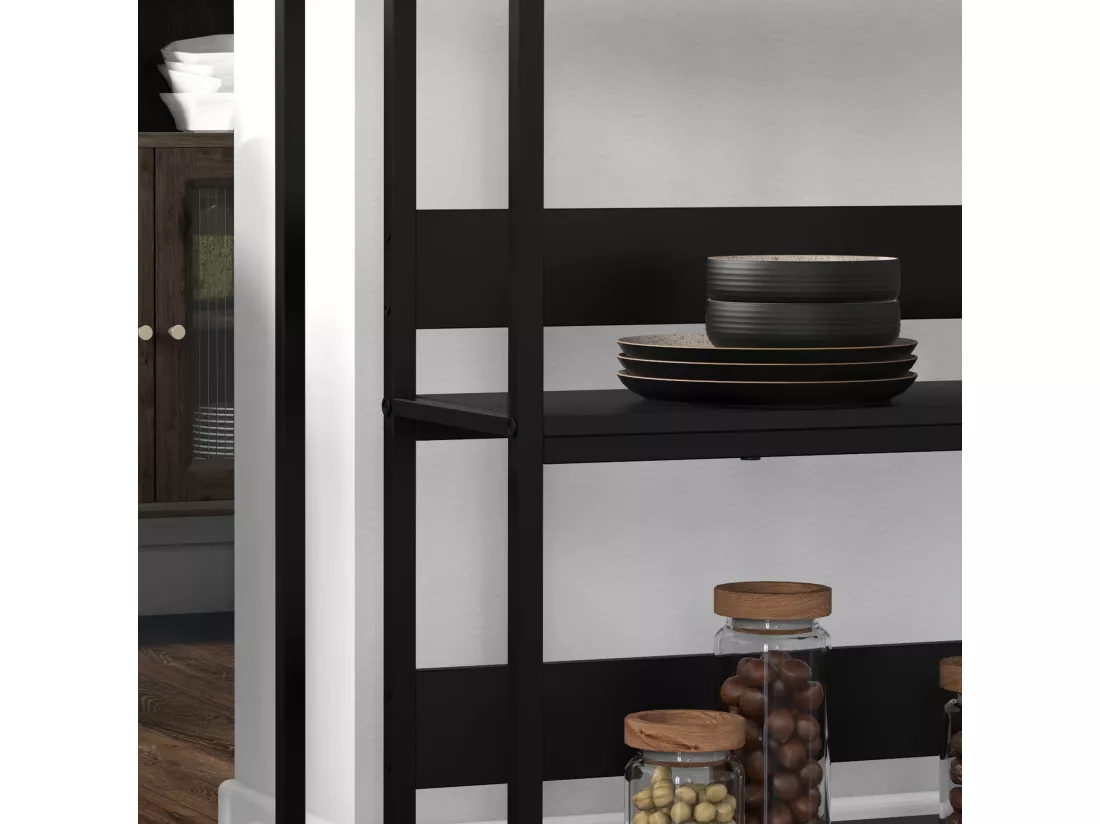 Îlot central de cuisine - 2 étagères, plateau - dim. 100L x 50l x 90H cm - châssis acier panneaux noirs plateau aspect marbre blanc