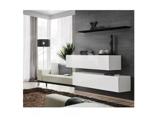 Ensemble meubles de salon SWITCH SBII design, coloris blanc brillant et étagère noire.