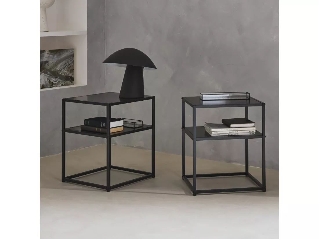 Lot de 2 Tables de chevet en métal noir. 1 étagère. INDUSTRIELLE L 43 x l 40 x H 52cm