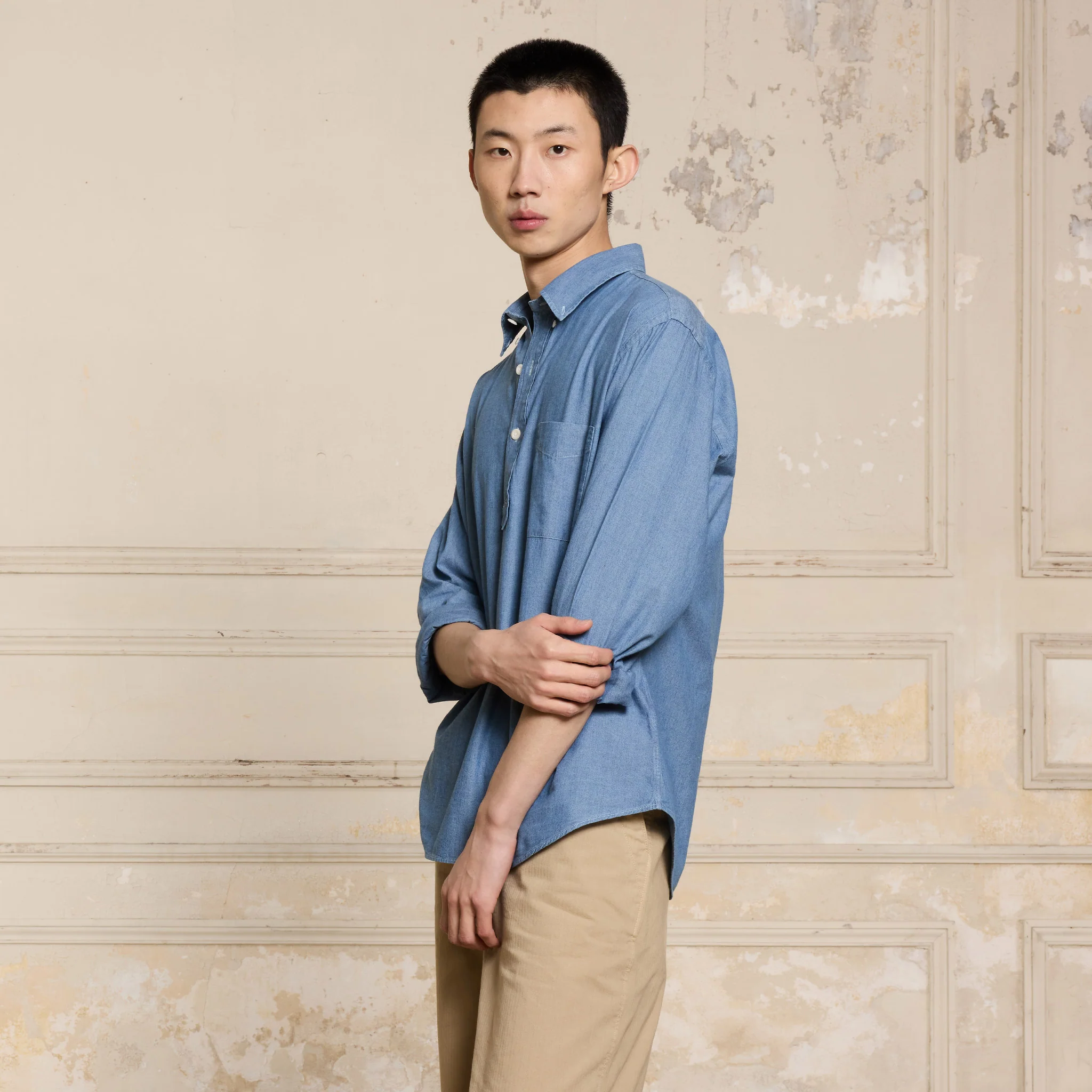 Denim blue chambray popover shirt