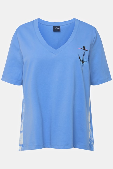 T-Shirt, A-Line, seitliches Karo, V-Ausschnitt, Halbarm