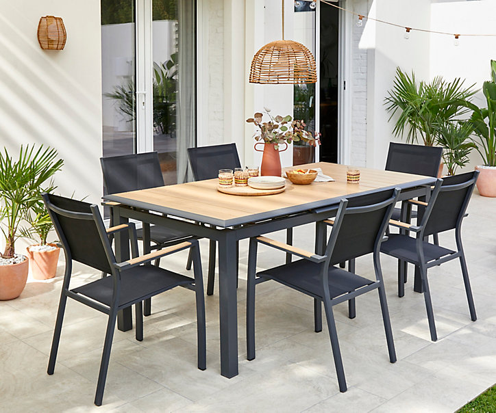 Table de jardin extensible Cubic en aluminium coloris graphite et imitation bois L.187/247 x l.100 x H.76 cm