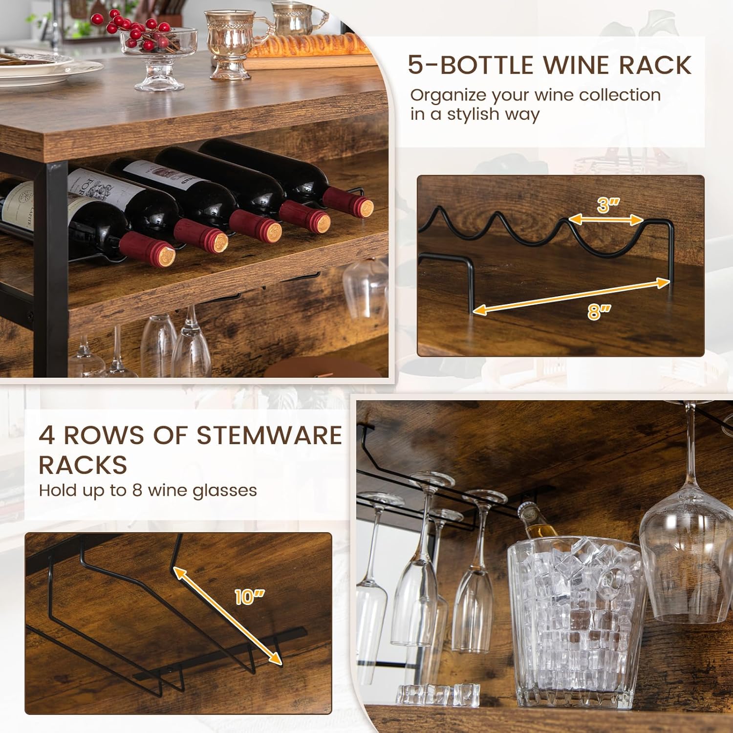 GIANTEX Hausbar Theke Bar, Barschrank mit 4 offenen Ablagen, Bartisch Küchen Tresentisch mit Weinregal & Gläserhalter, Küchenregal Küchentheke 120 x 60 x 101 cm, Küchenbar Küchentresen