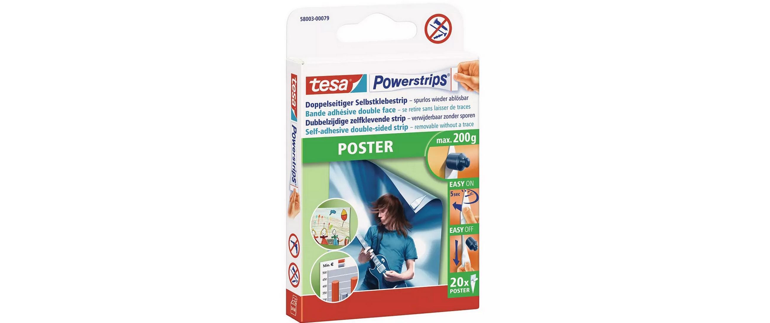 Klebestreifen -Set Powerstrips Poster, 3x 20 StückDoppelseitige Klebestreifen für Poster und Plakate bis zu 200 g