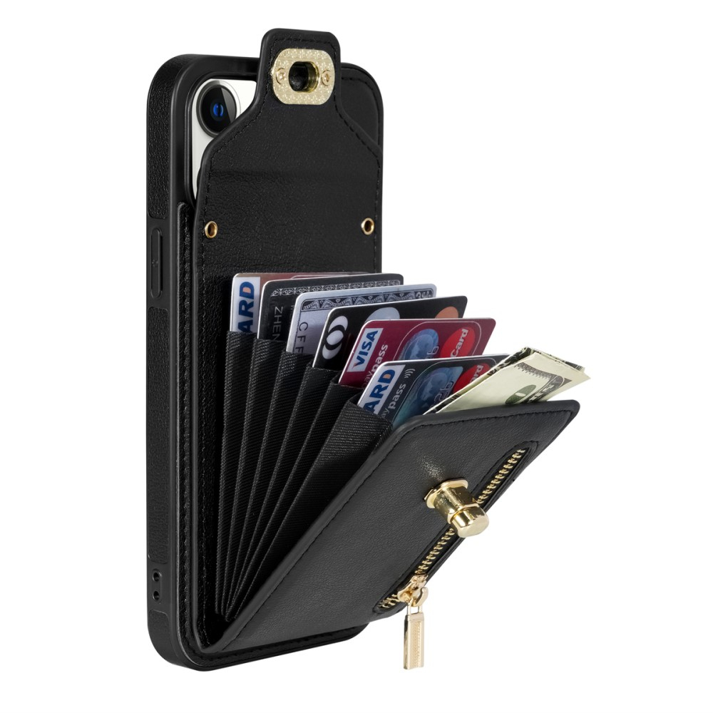 iPhone 15 Necklace Leder Schutz Hülle mit Kartenfächer   Handykette (120cm) - Schwarz