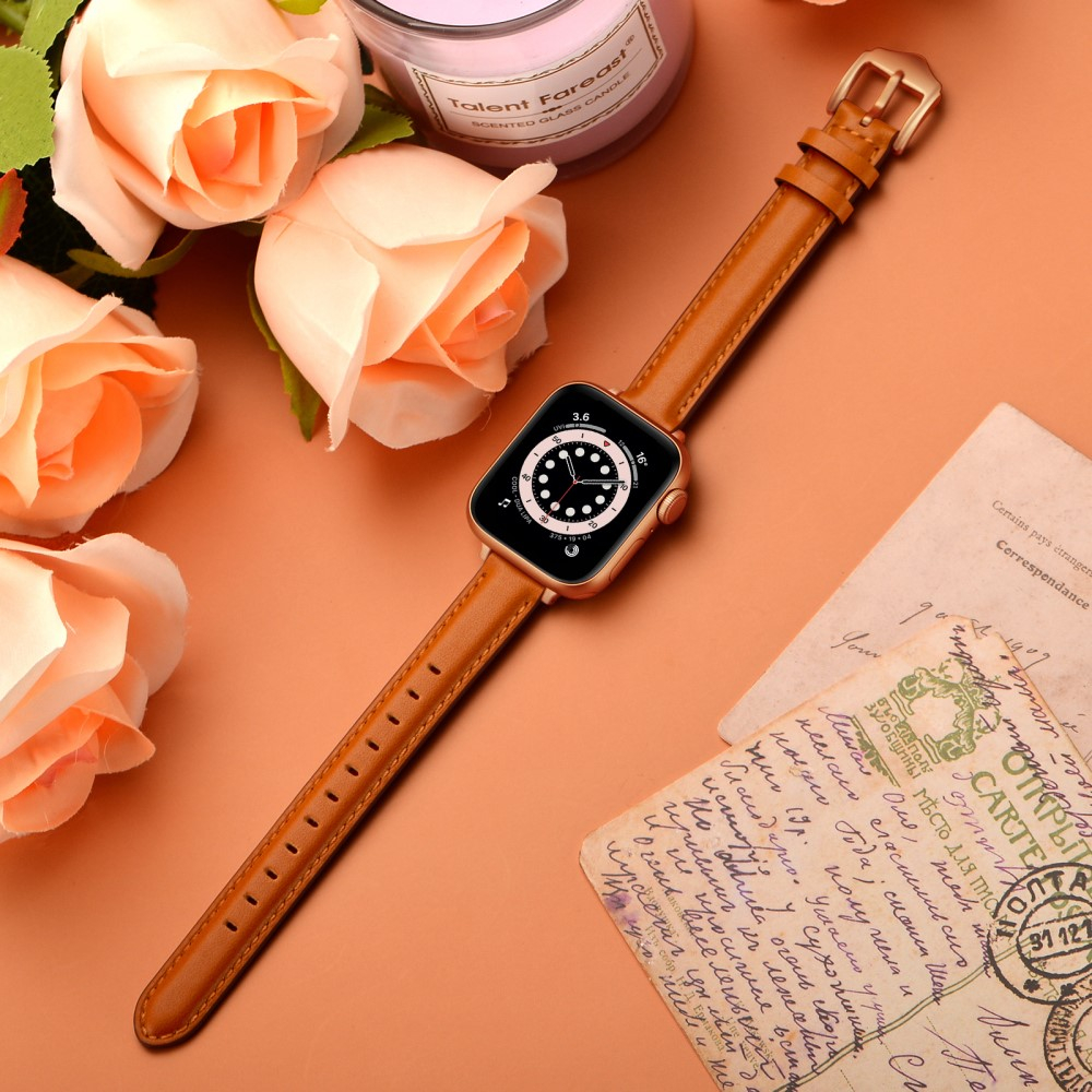 Apple Watch (42/41/40/38 mm) Echtleder Ersatz Armband mit Dornschliesse (Gelenkumfang 156-221 mm) - Braun / Roségold