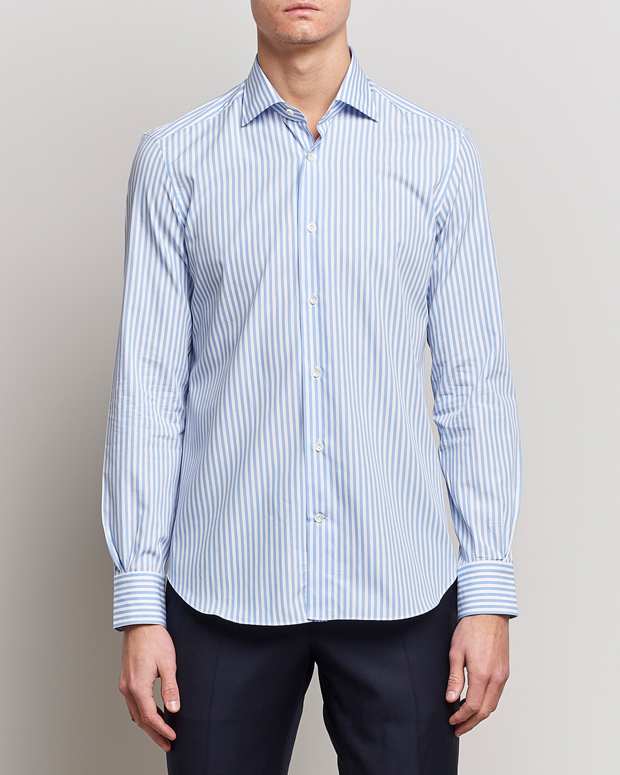 Mazzarelli Soft Cotton Cut Away Shirt Blue Stripe