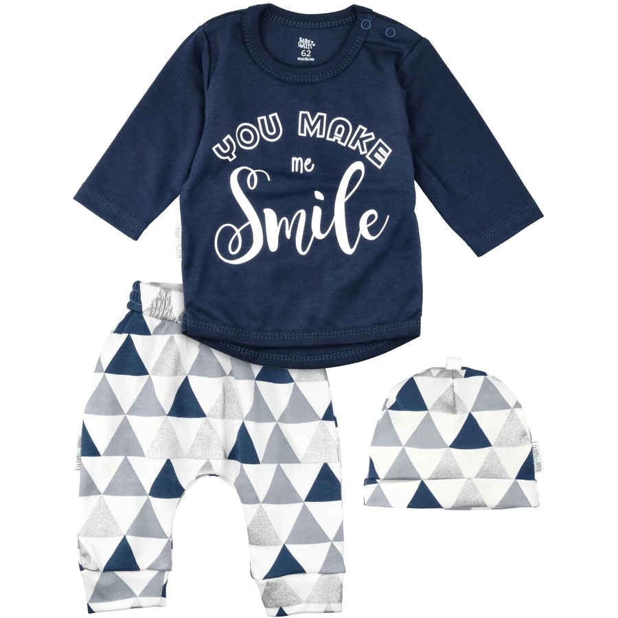 Baby Sweets 3tlg Set Shirt + Hose + Mütze Lieblingsstücke You make me Smile weiß grau dunkelblau