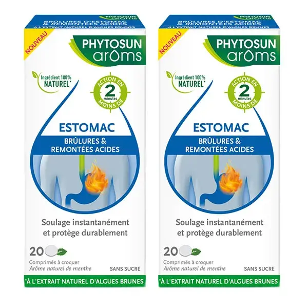 Embalagem com 2 comprimidos de Phytosun Arôms para azia e refluxo ácido - 20 comprimidos cada