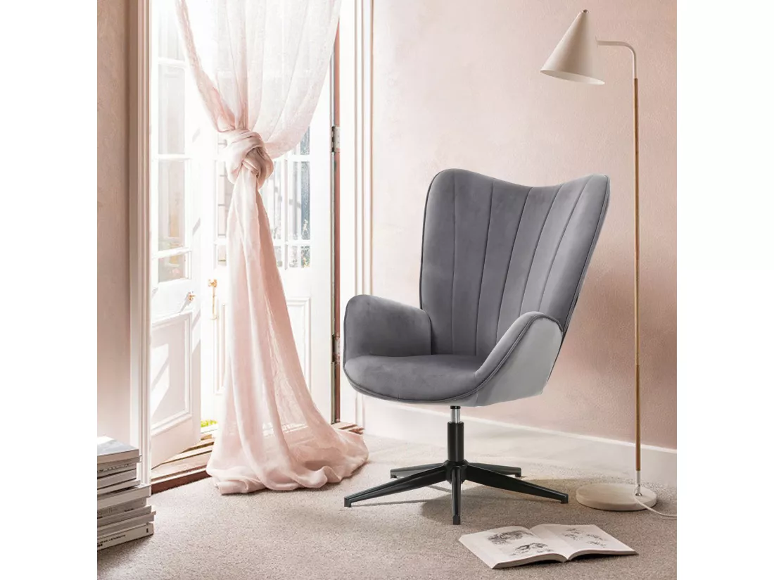 Fauteuil Scandinave Chaise Pivotant pour Bureau Salon Chambre avec Un revêtement en Tissu des Accoudoirs Rembourés, Métal, Gris, 68x87x99cm