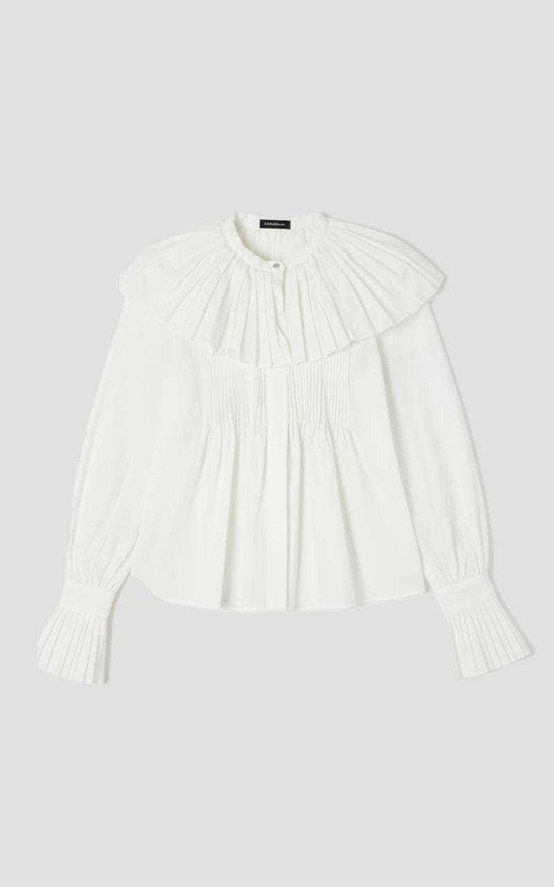 KarenMillen Chemise Tissée en Popeline de Coton avec Détail Plissé