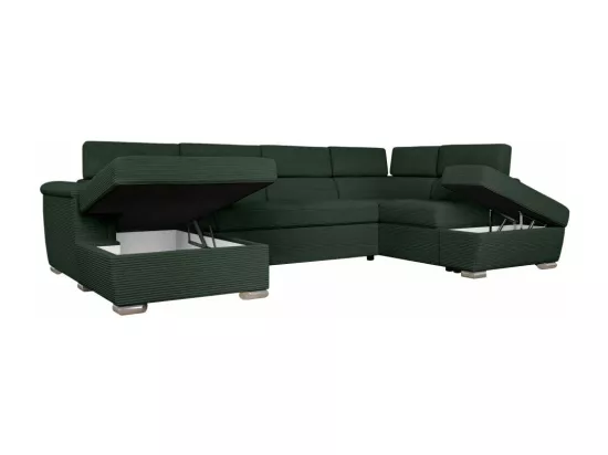 Canapé panoramique 6 places Paola convertible avec 2 coffres en velours côtelé - Vert foncé - L320,5 x P188 x H76cm - Loungitude