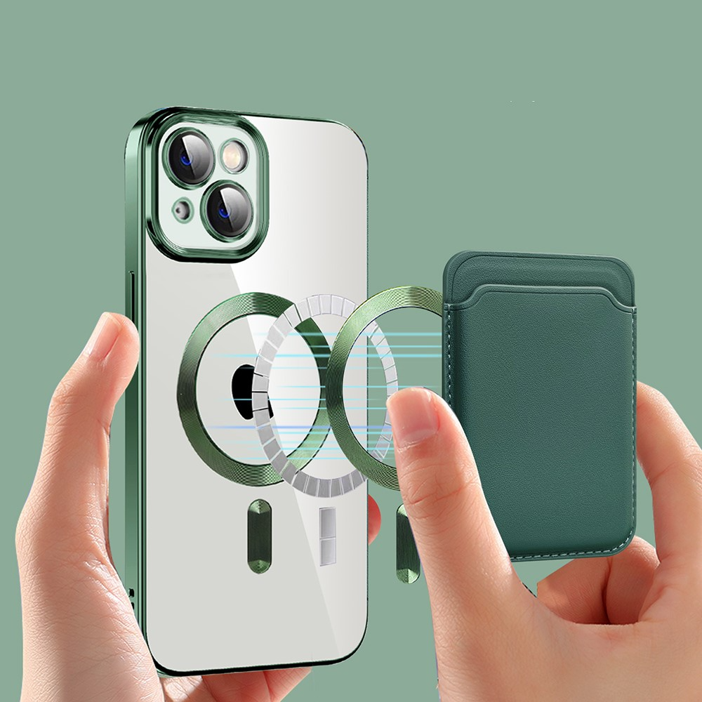 iPhone 14 2in1 MagSafe Hybrid Hülle TPU Bumper   Leder Wallet Kreditkarten Halterung - Schwarz / Transparent