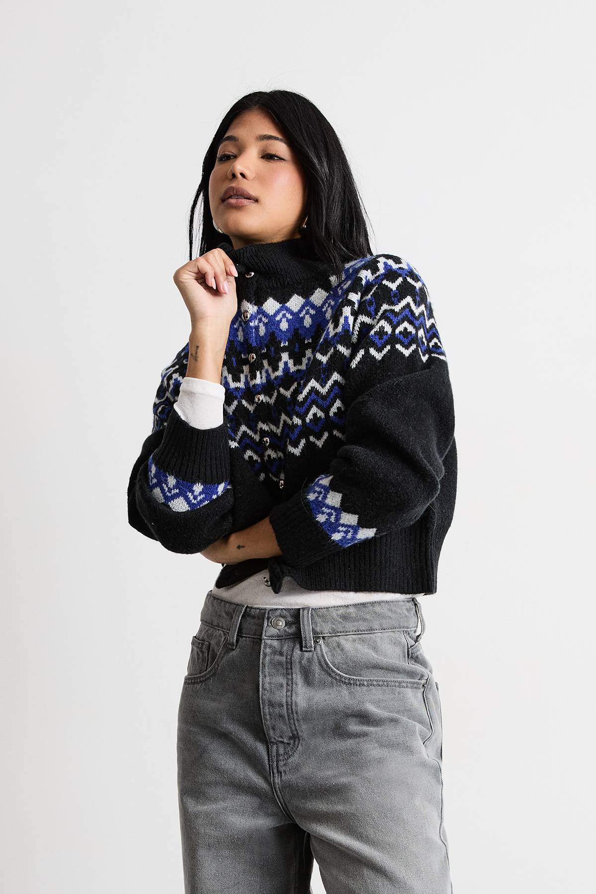 Warehouse Cardigan en Maille Épaisse à Col Montant Motif Fairisle