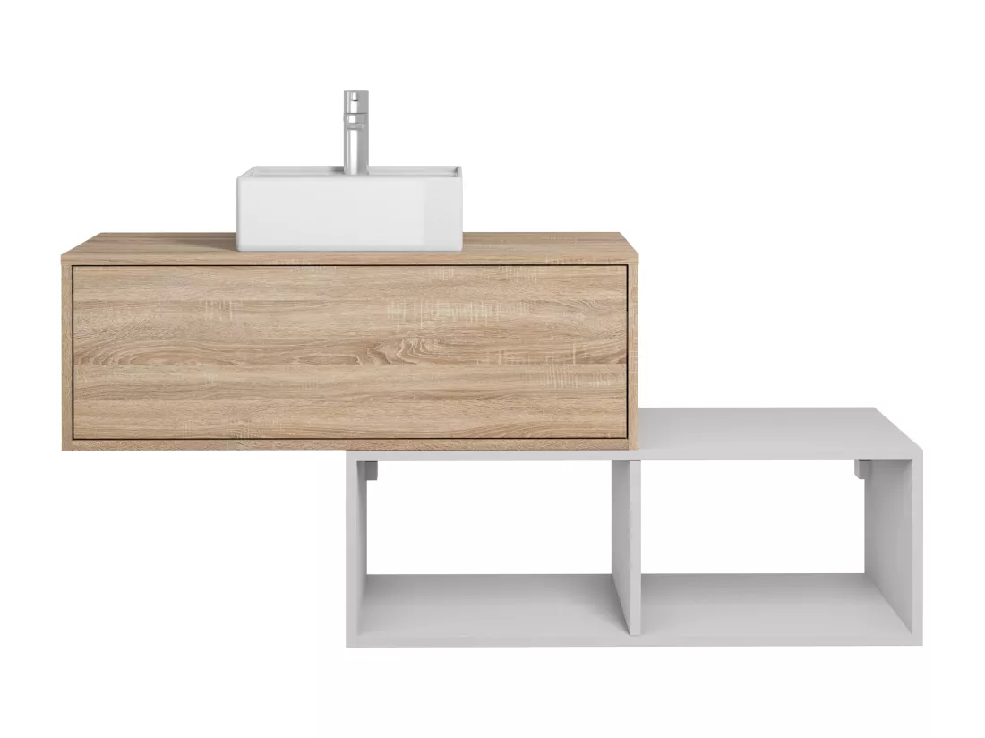 Meuble de salle de bain suspendu avec vasque carrée - 1 tiroir naturel clair et 2 niches blanches - 94 cm - TEANA II