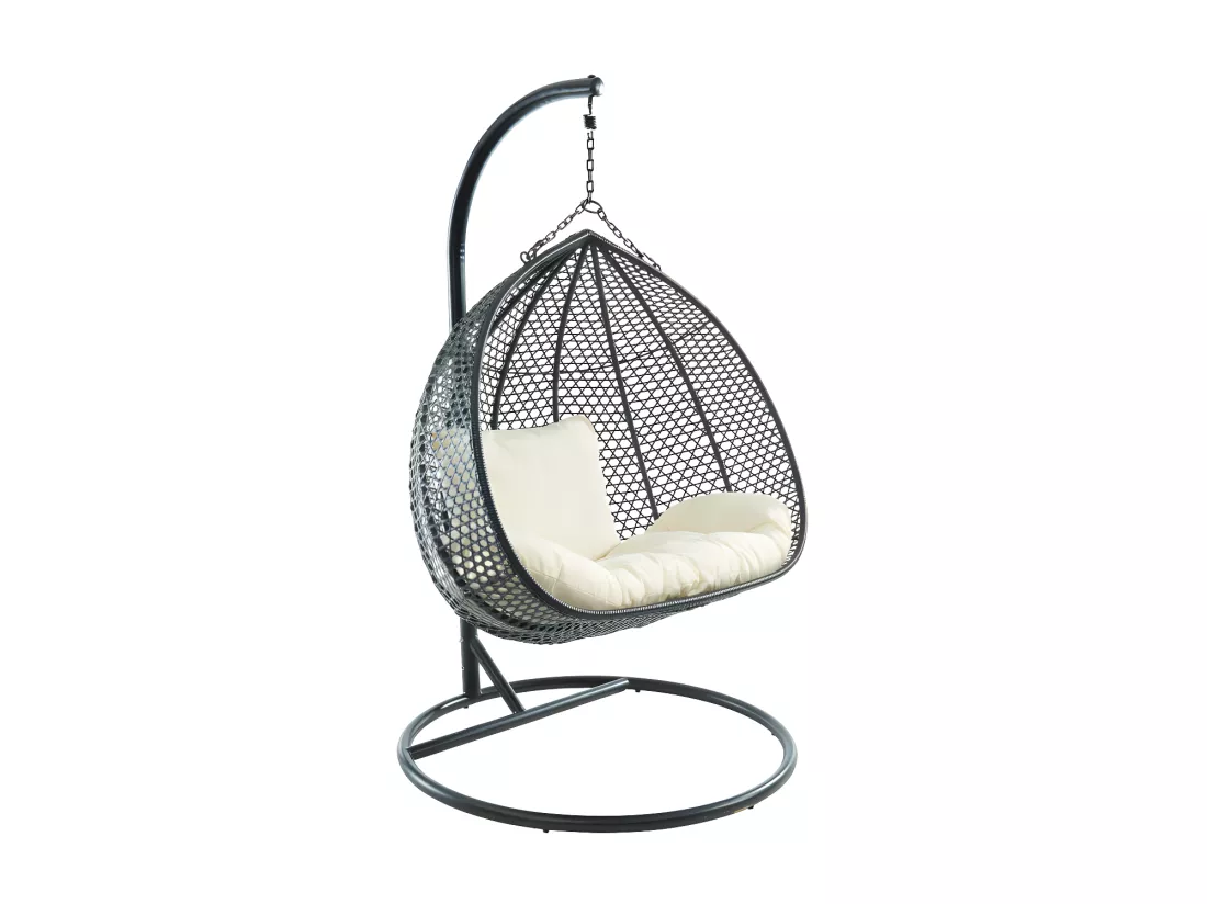 Fauteuil suspendu 2 places en résine tressée - Noir et coussin blanc - VAHINA de MYLIA