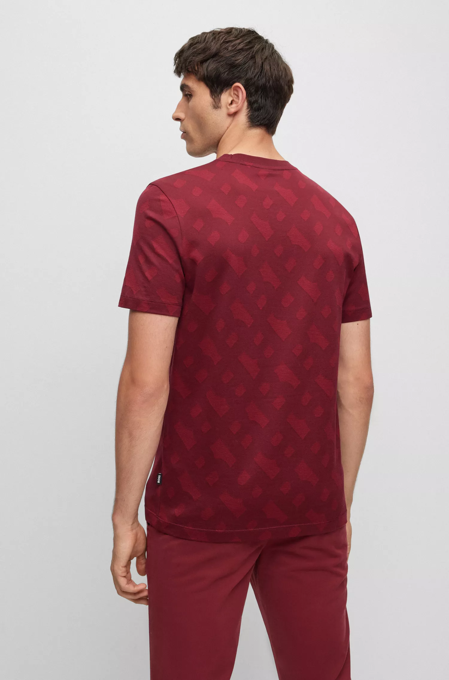 Camiseta BOSS preta de algodão mercerizado com corte regular e monograma em jacquard.