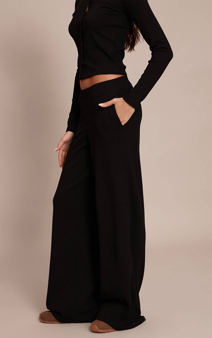 Noir Pantalon Droit Taille Basse À Cordon De Serrage Côtelé