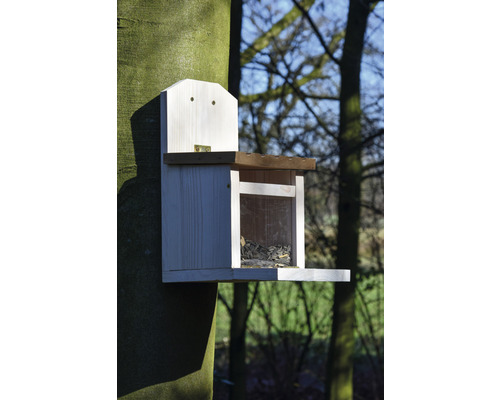 Voederstation voor eekhoorns, dobarhout, 14 x 25 x 28 cm, wit met bruin dak