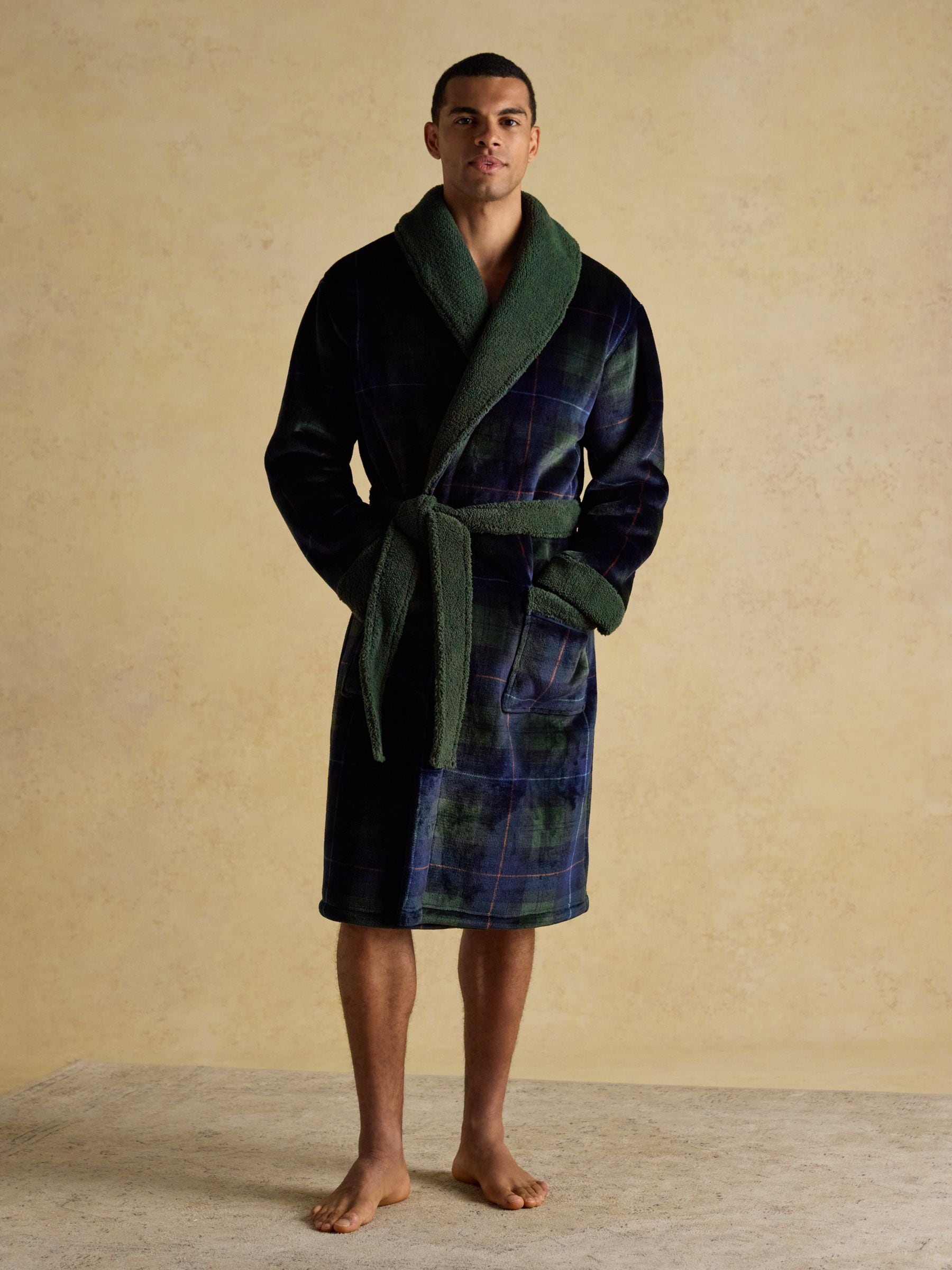 Groen/marineblauw - Joules Montague Fleece Dressing Gown