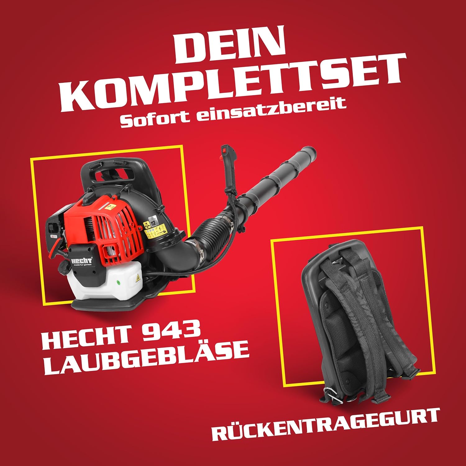 HECHT Benzin Laubbläser 1,6 PS – 43cm³, bis 180km/h & 792m³/h – 6,5kg Leaf Blower/Laubgebläse mit Einfacher-Start & Antivibrations Rückenaufnahme