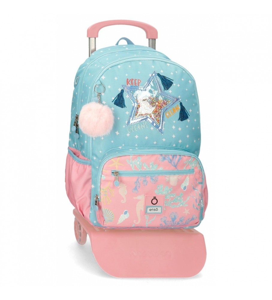 Mochila Enso Keep The Ocean Clean com compartimento duplo e rodinhas azuis.