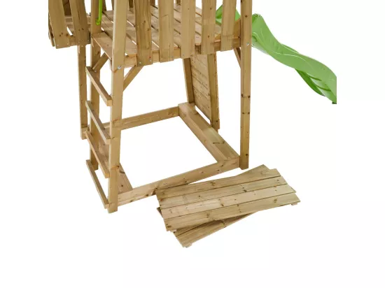 KANGUI Aire de jeux portique en bois WOODI - Double balançoire, toboggan, mur d'escalade, bac a sable, cabane, échelle