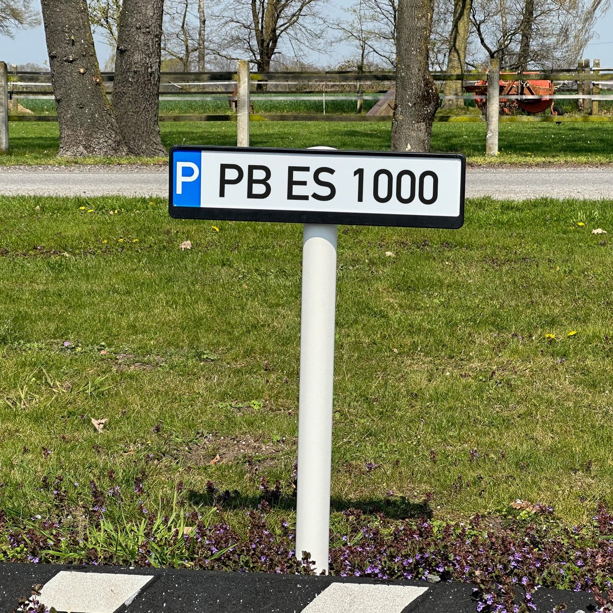UVV parkeerbord + beugel + paal / paal + aangepaste tekst / kentekenplaathouder voor betonneren