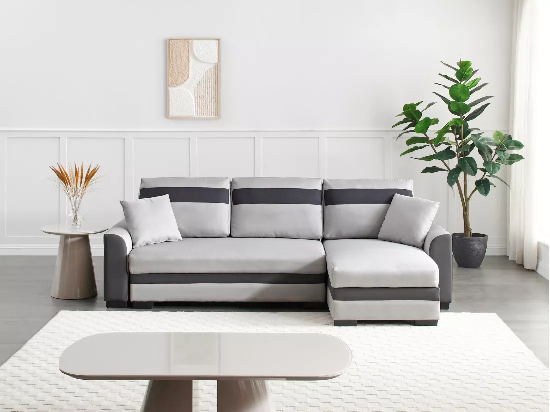 Canapé d'angle réversible et convertible en tissu et simili gris clair GIANY II