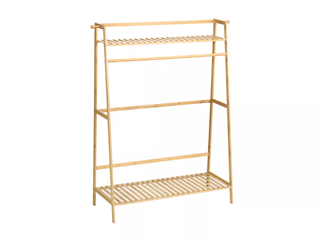 Portant à vêtements penderie - 2 étagères, 2 patères, barre de suspension - bambou verni