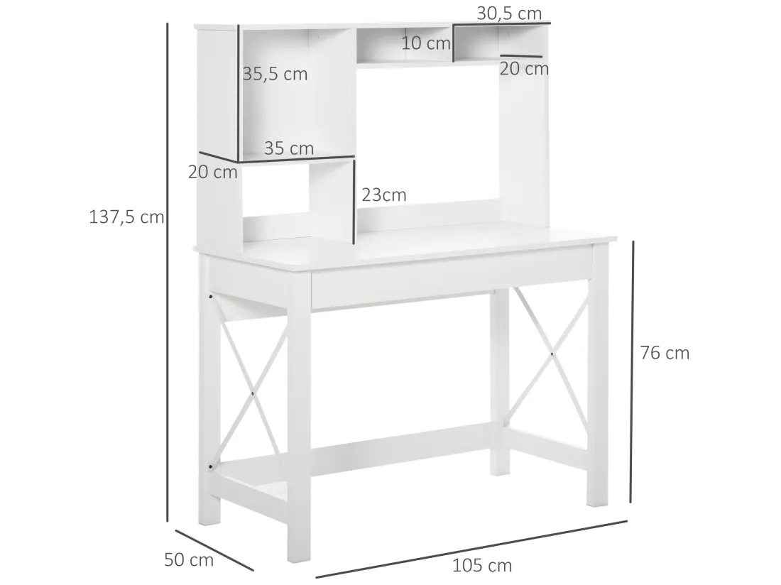 Bureau bibliothèque 2 en 1 - 3 niches 4 espaces de rangement - panneaux particules métal blanc