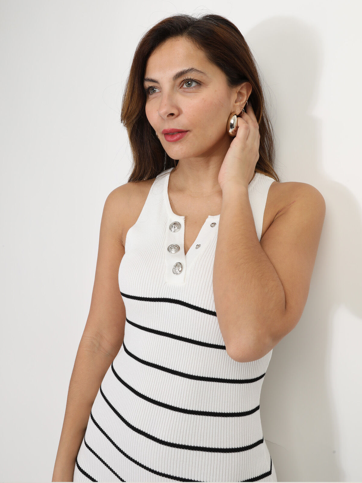 Robe mi-longue fendue à rayures- Blanc